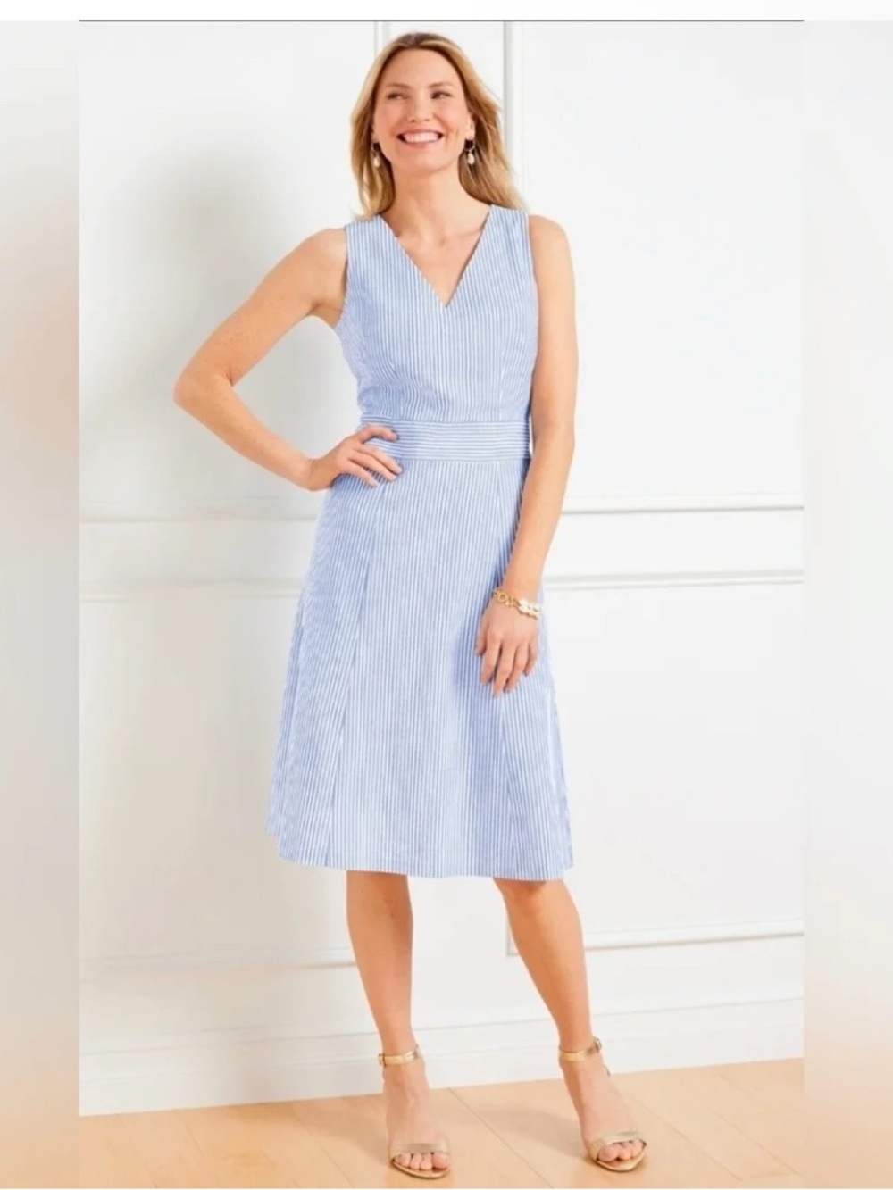 NWT Talbots Blue and White Striped V-Neck Sleeveless Dress 12p